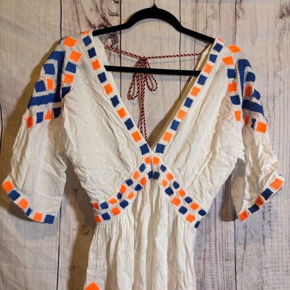 Pia Pauro White Blue and Orange Short Sleeve Romper Tassel Geometric Pattern S - Picture 4 of 8